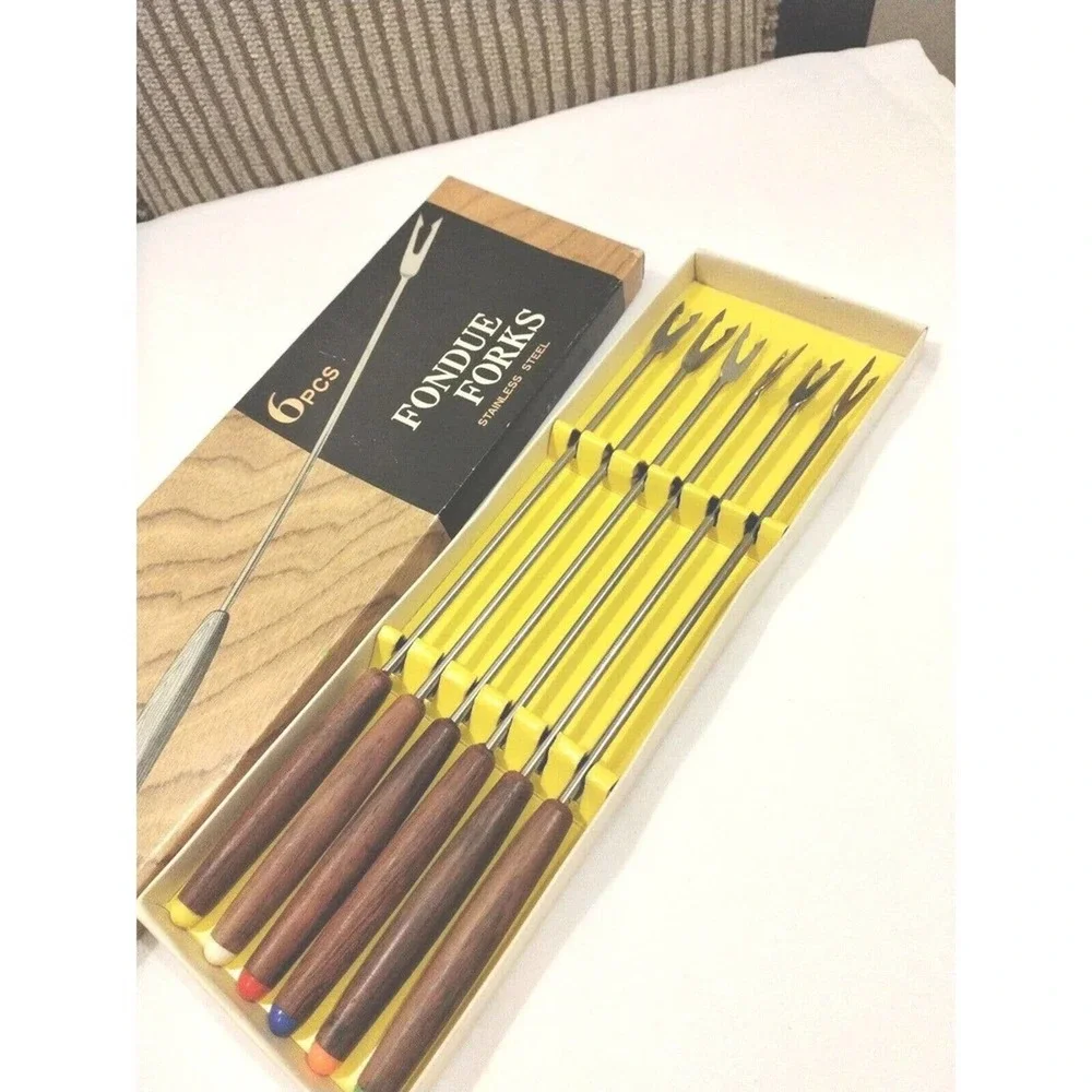 1970s Fondue Forks Set (6 Pieces) MultiColor Stainless Steel New in BOX Vintage